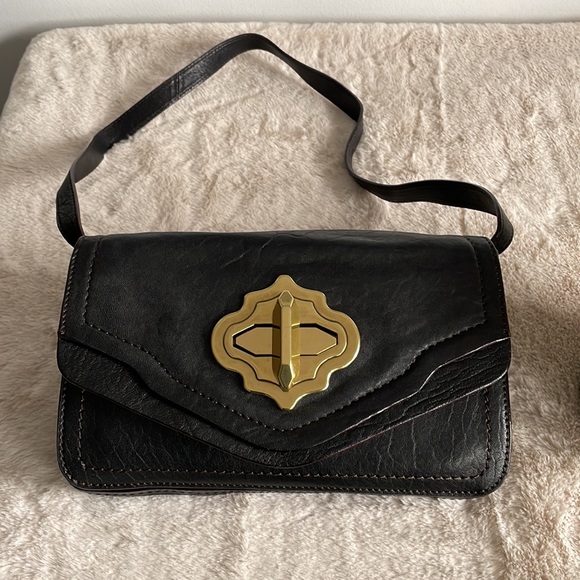 NWOT OrYanny Black Leather Handbag with Turn-lock closure. 10 L x 4 W x 6.5 H - Picture 2 of 16